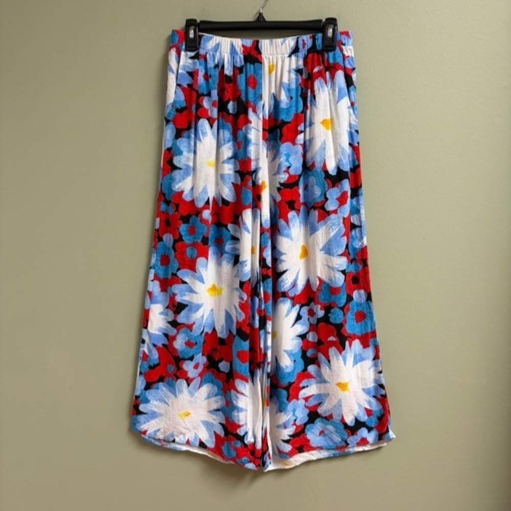 Jams World Vintage Daisy Wide Leg Pants L Black Red Blue Hawaiian Bohemian